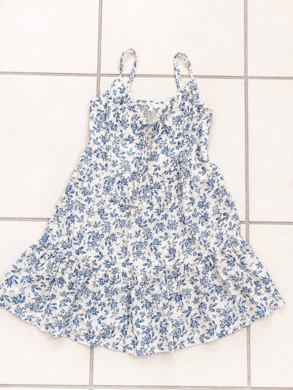 Olivaceous White Dress with Blue Floral Print